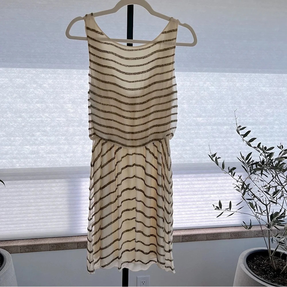 Alice + Olivia Silk Sequin Drape Back Mini Dress Ivory Graphite 4 Dressy Party
